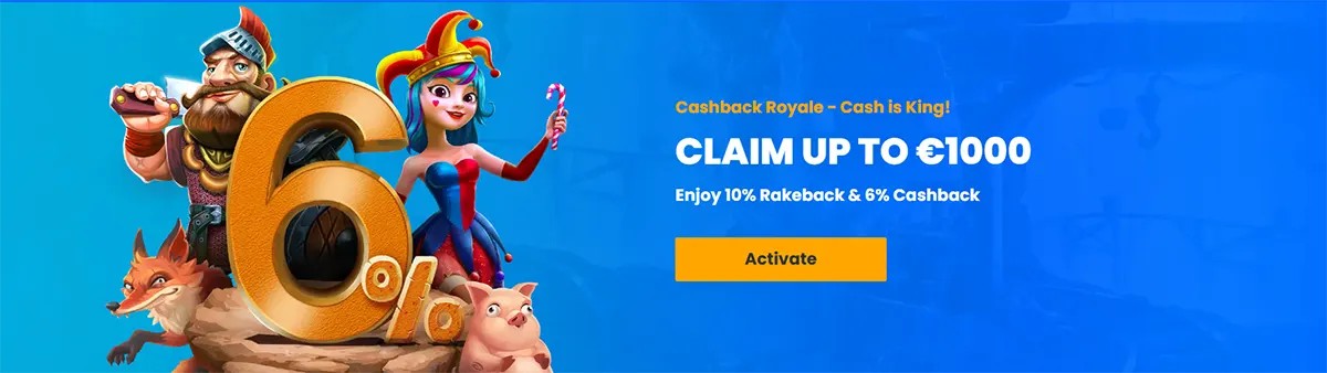 Cashback promotion banner offering up to €1,000 with rakeback and cashback rewards
