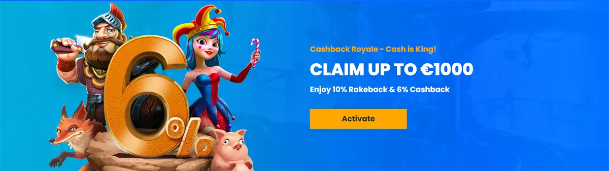 Cashback promotion banner offering up to €1,000 with rakeback and cashback rewards