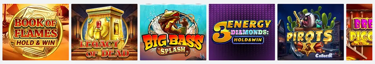 Online slot games carousel featuring Book of Flames Hold and Win, Legacy of Dead, Big Bass Splash, Energy Diamonds, and Pirots