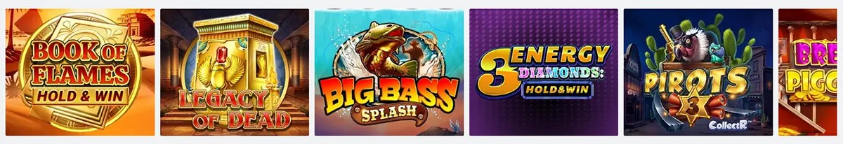 Online slot games carousel featuring Book of Flames Hold and Win, Legacy of Dead, Big Bass Splash, Energy Diamonds, and Pirots