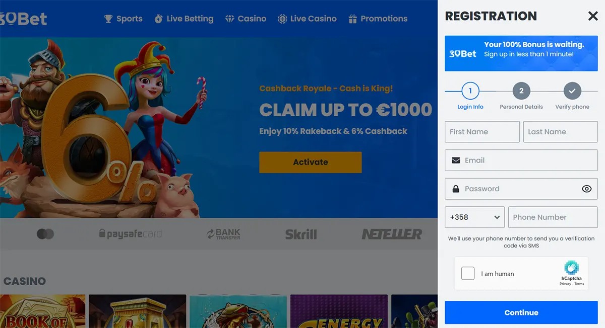 Online casino homepage with a cashback promotion banner and a user registration form on the right side