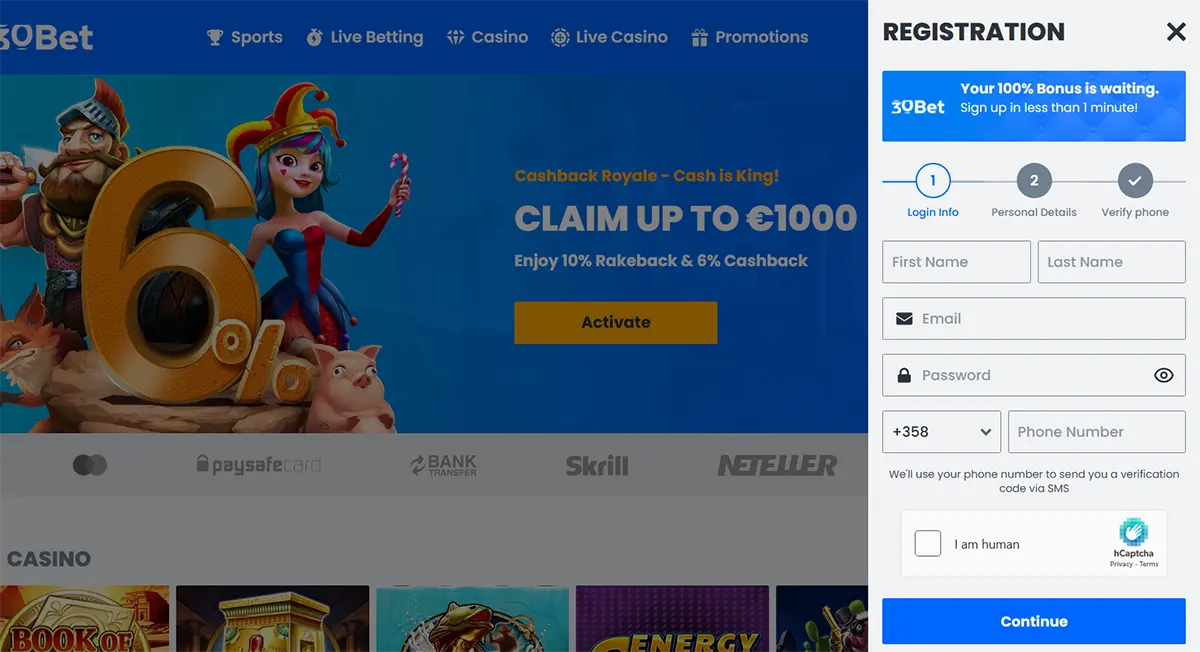 Online casino homepage with a cashback promotion banner and a user registration form on the right side